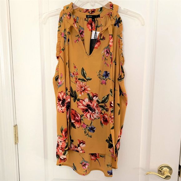 Gibson Nordstrom Floral Ruffle Tank Top Crepe Blouse Yellow Size Medium NEW - Picture 6 of 8